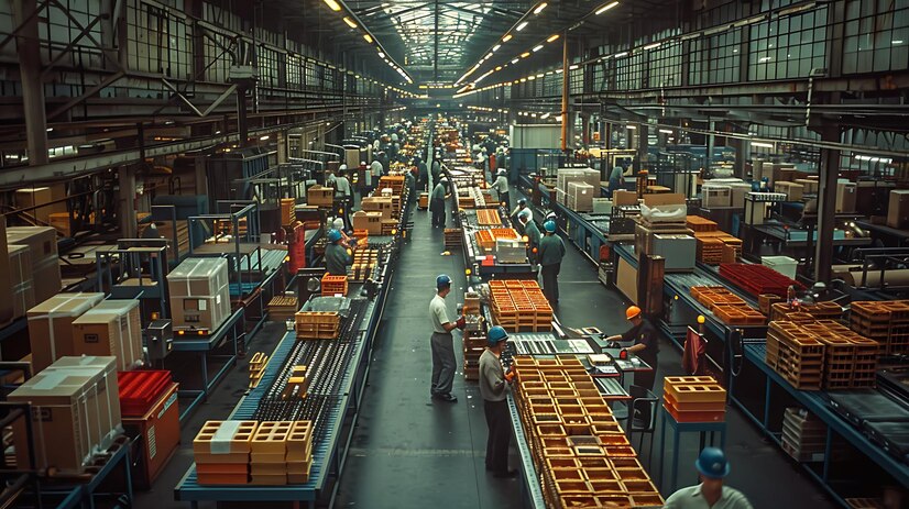 Workers and conveyor lines in a wholesale distribution warehouse